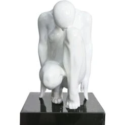 Statue Sprinter Fibre De Verre Blanc Et Socle En Marbre Noir L 30 X P 23 X H 43 Cm