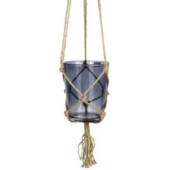 Suspension Pot En Verre - Avec Corde En Chanvre - Ø 13 X 16 Cm - Gris Foncé