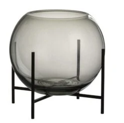 Vase Verre Gris Sur Pied Métal Noir Liath - Lot De 2